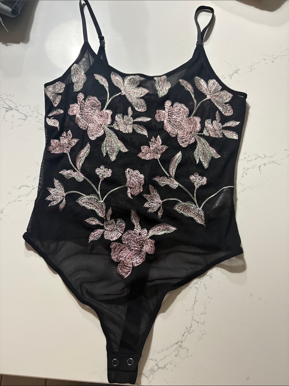 Express Black Mesh Bodysuit with Pink Floral Embroidery